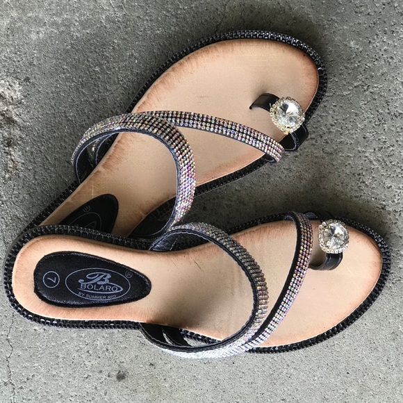 Bolaro Black Toe Ring Rhinestone Slide Sandal - Picture 6 of 8